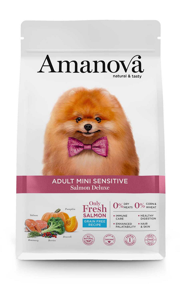 AMANOVA SVEŽ LOSOS BREZ ŽIT natural & tasty  ADULT MINI SENSITIVE SALMON DELUXE