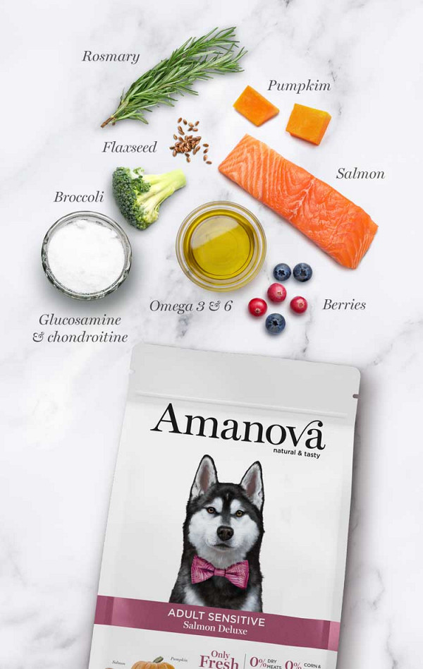 AMANOVA SVEŽ LOSOS BREZ ŽIT - natural & tasty ADULT SENSITIVE SALOM DELUXE