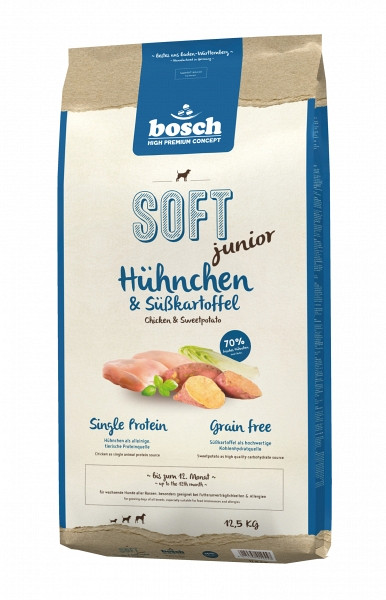 BOSCH SOFT+ JUNIOR PIŠČANEC IN SLADKI KROMPIR - BREZ ŽIT - EN VIR BELJAKOVIN - S 70% SVEŽEGA MESA PIŠČANCA