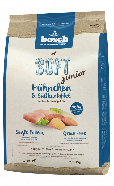 BOSCH SOFT+ JUNIOR PIŠČANEC IN SLADKI KROMPIR - BREZ ŽIT - EN VIR BELJAKOVIN - S 70% SVEŽEGA MESA PIŠČANCA